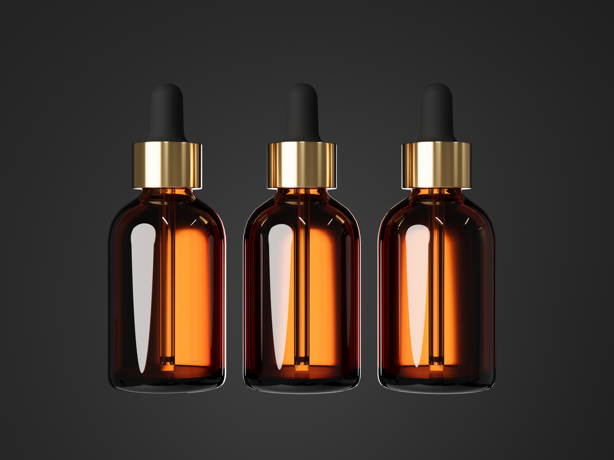 Cosmetic Serum Dropper Brown Glass Bottles 3D Render Mockup